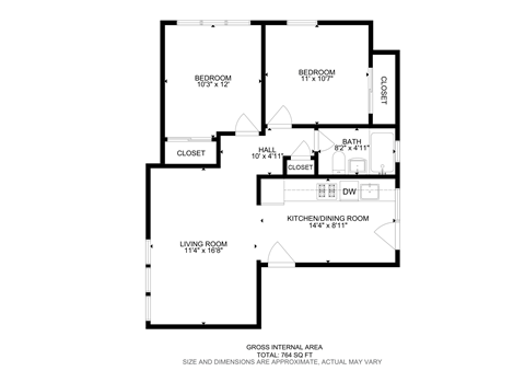 A floor plan of a house with a living room, two bedrooms, a bath, a hall closet, and a kitchen/dining room.